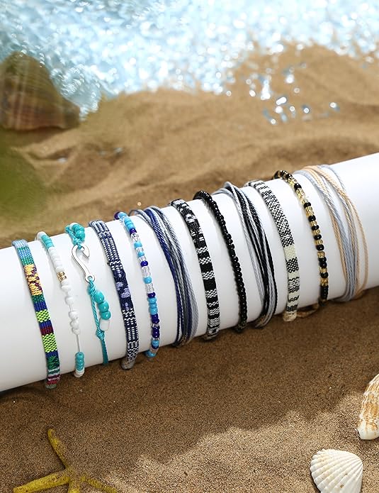 24 Pieces Waterproof String Bracelets for Women Surfer Wave Boho Bracelet Adjustable Handmade Friendship Bracelet String Ocean Beach Boho Bracelets Anklets for Women