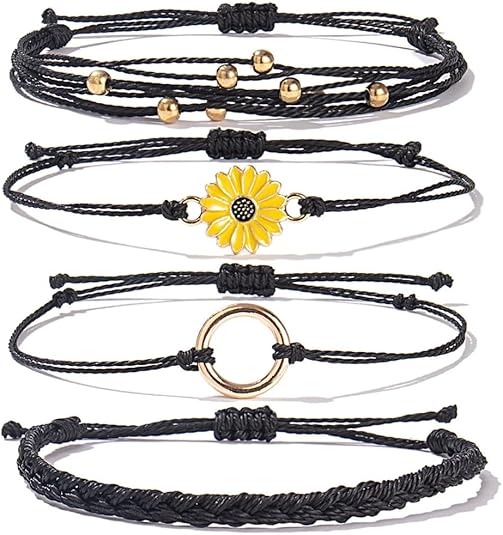 Handmade Surfer Braided Bracelets for Men Women 4 Pcs Surf String Set Adjustable Beach Braided String Boho Braid Rope Jewelry for Men Surfing Waterproof Chrysanthemum Braided Bracelet
