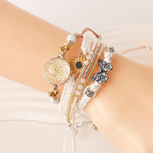 4PCS String beads Charm Bracelets for Teen Girls Dainty cute cartoon Butterfly Daisy Eternal flower Beads Bracelets set for woman and girls Adjustable Stretch bracelet birthday Gift For Friends
