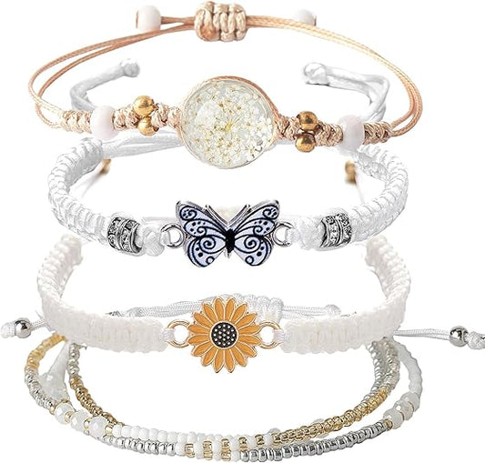 4PCS String beads Charm Bracelets for Teen Girls Dainty cute cartoon Butterfly Daisy Eternal flower Beads Bracelets set for woman and girls Adjustable Stretch bracelet birthday Gift For Friends