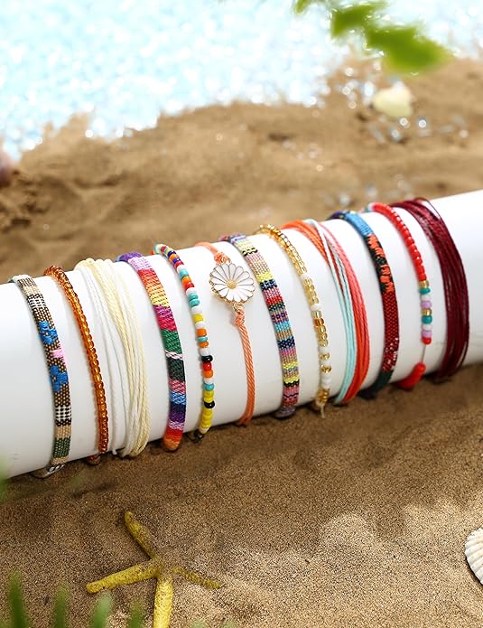 24 Pieces Waterproof String Bracelets for Women Surfer Wave Boho Bracelet Adjustable Handmade Friendship Bracelet String Ocean Beach Boho Bracelets Anklets for Women